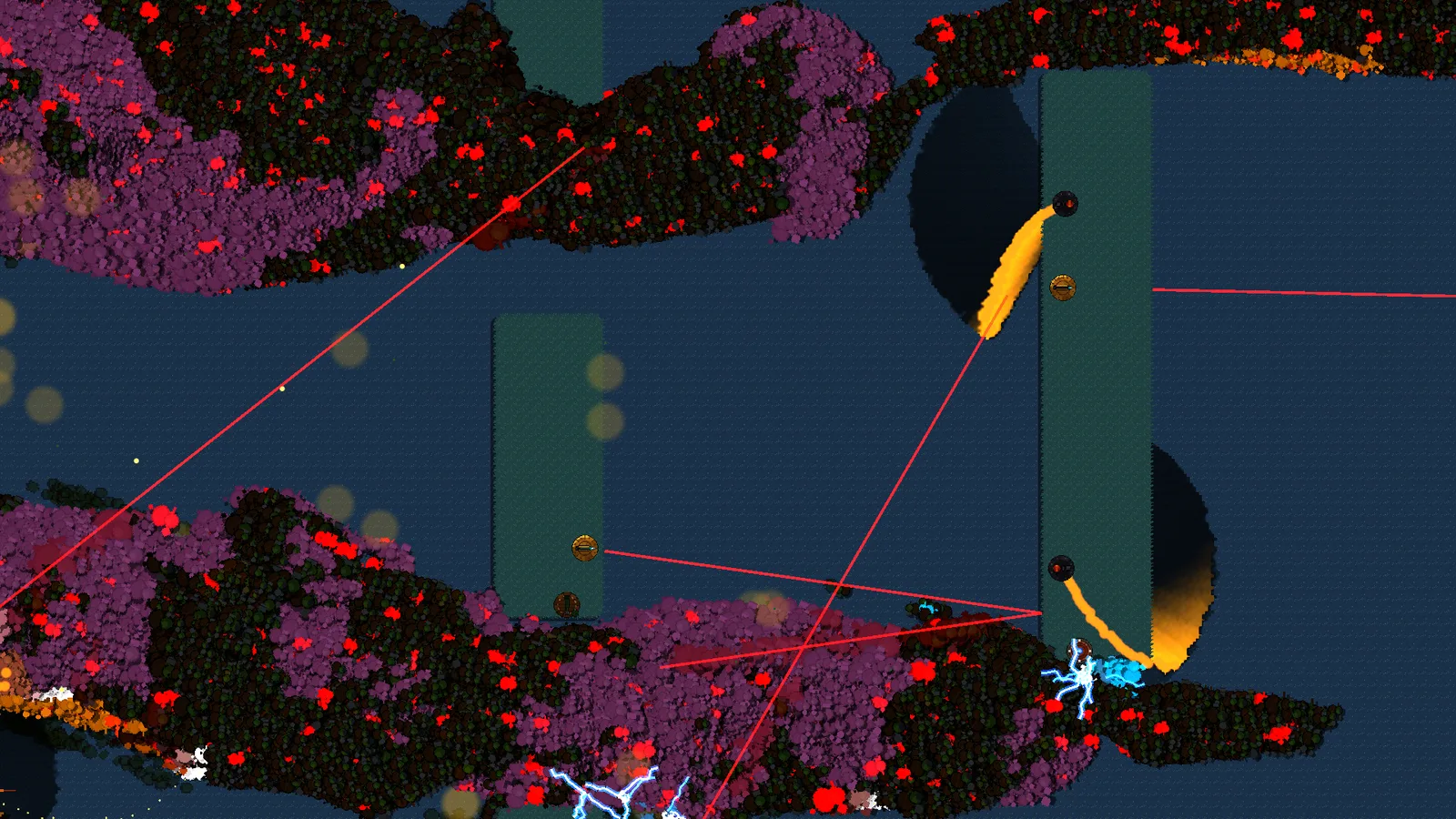 Close-up of flamethrower towers charring the ground while a cryo beam freezes a dense orc horde