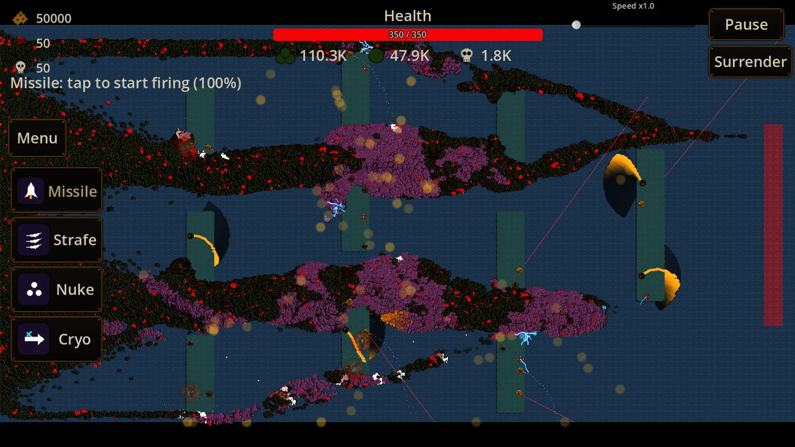 Orc Flood gameplay: a fortified line of 28 towers firing into a flood of over one hundred thousand orcs